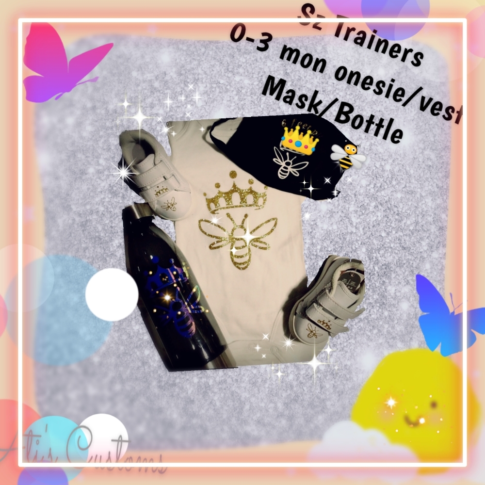 Trainers, mask, onesie, water bottle bundle 0-3mon
